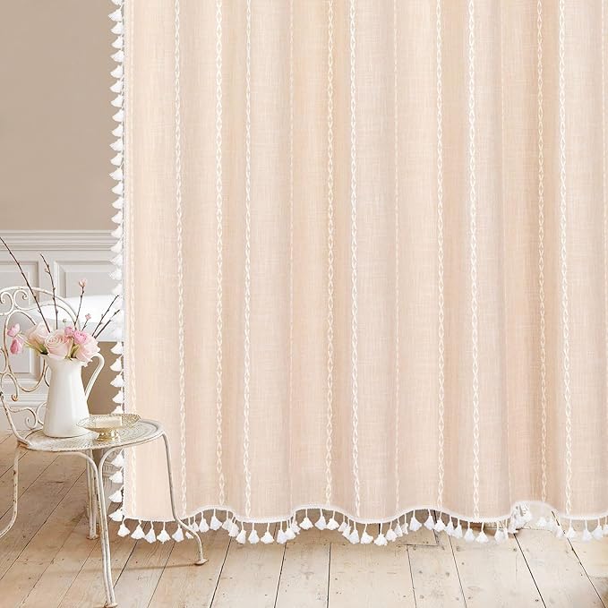 MitoVilla Beige Boho Long Shower Curtain 72 x 78, Cream Farmhouse 78 inch Long Polyester Linen Fabric Shower Curtains with Tassel for Chic Cottagecore French Country Bathroom Decor