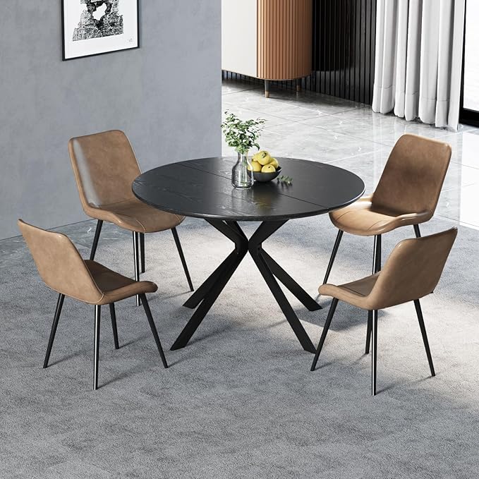 46.4" Round Dining Table Set with 4 Chairs, Modern Dining Set with Comfortable PU Leather Chairs, Sturdy MDF Table with X-Shaped Base, Easy Assembly, Ideal for Dining Room or Kitchen