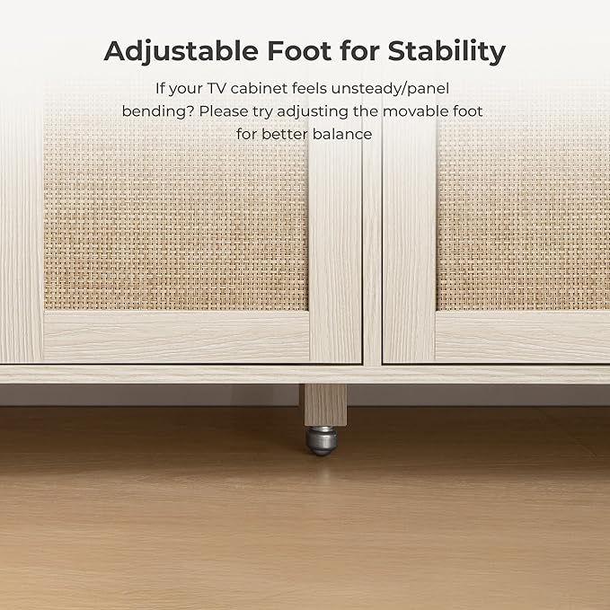 SICOTAS Rattan TV Stand for Television up to 65 Inch - 29.5" Tall Entertainment Center with Storage and Open Shelves,Boho Credenza TV Console Cabinet with 4-Doors and Adjustable Shelf for Living Room