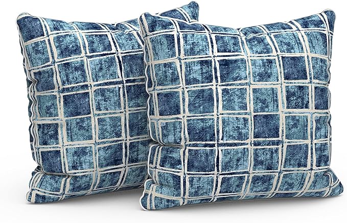 LVTXIII Outdoor Throw Pillows Set of 2, Patio Waterproof Pillows Fade Resistant Accent Pillows for Home and Garden Furniture Decoration, 16x16 Inch, Denim Blue Checkered