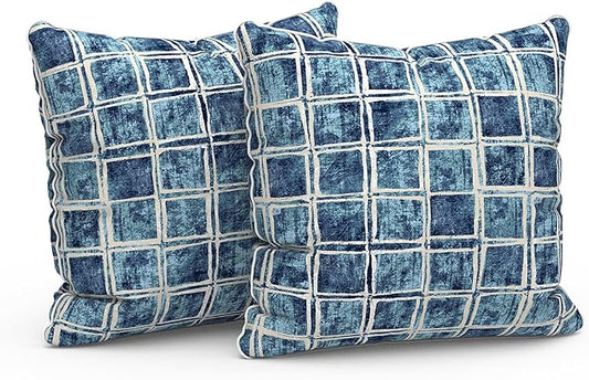 LVTXIII Outdoor Throw Pillows Set of 2, Patio Waterproof Pillows Fade Resistant Accent Pillows for Home and Garden Furniture Decoration, 16x16 Inch, Denim Blue Checkered