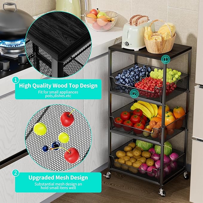 HapiRm Fruit Basket Kitchen Cart - 4-Tier Rolling Storage Cart with Wheels, Fruit Vegetable Basket with Wood Top, Pantry Utility Kitchen Organizer for Fruit Potato Onion Vegetable Bread Snack