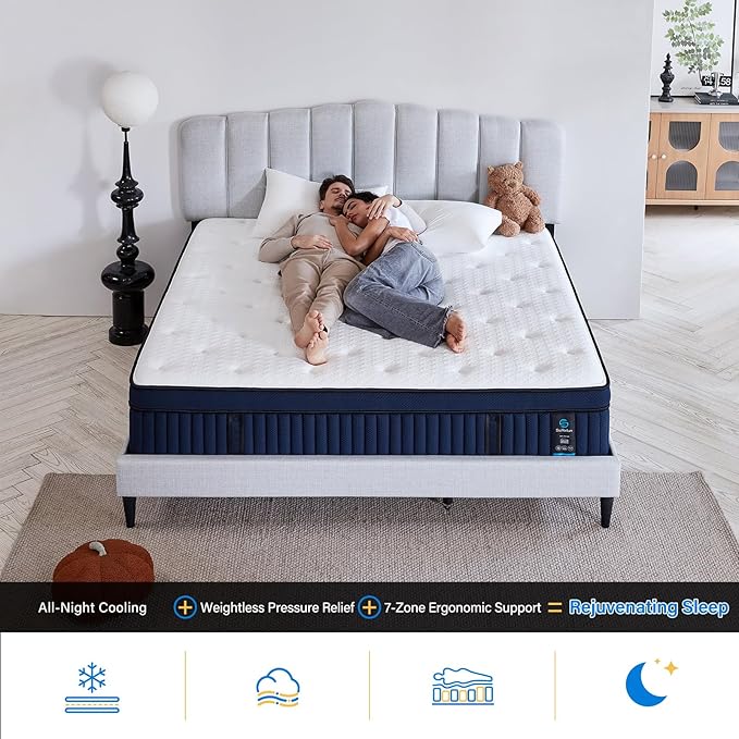 Suiforlun 14 Inch Full Mattress with Ice Silk Cover, Euro Top Hybrid Gel Memory Foam with 7-Zone Individually Wrapped Coils, Medium Firm Full Size Mattress for Pressure Relief
