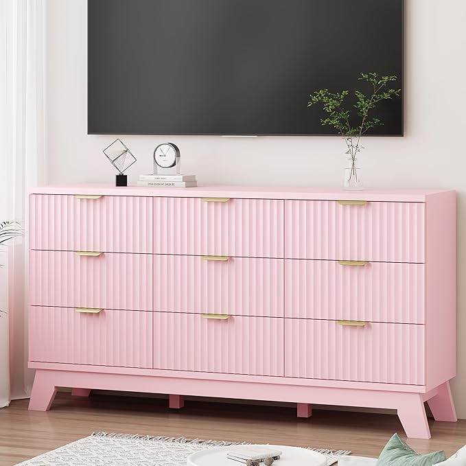 Fluted Dresser for Bedroom with 9 Drawers, 57" Wide Modern Chest of Drawers with Metal Handle, Wooden Dresser TV Stand, Wood Closet Clothes Storage Organizer for Living Room, Hallway, Pink