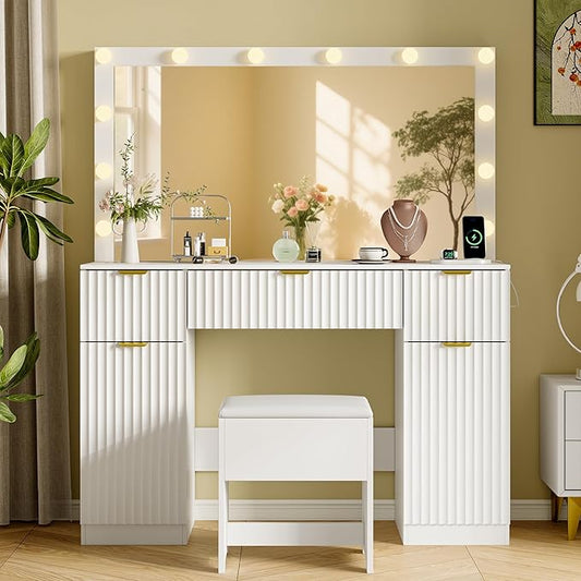 Vanity Desk with Large 42" Mirror and Lights, White Fluted Makeup Table Set with Storage Drawers, Power Outlet & Stool, 3 Lighting Modes & Adjustable Brightness, Dressing Table for Women Girls Bedroom