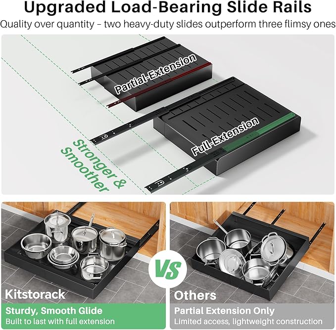 2 Pack Pull out Cabinet Organizer, Expandable(12"-20") Heavy Duty Slide out Drawer Fixed with Adhesive Nano Film for Pots, Roll out Shelf Storage for Kitchen Organization, Pantry, Bathroom(Black)