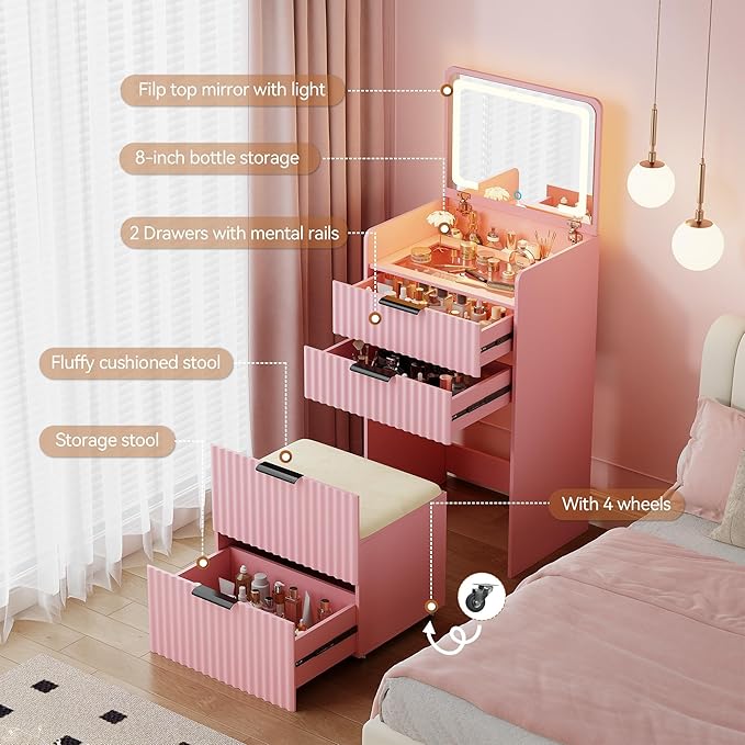 LED Fluted Compact Vanity Desk with Flip Top Mirror, 3 in 1 Small Makeup Table with Glass Desktop, Storage Compartment and Cushioned Stool with Wheels,3 Drawers, for Girl Bedroom Pink