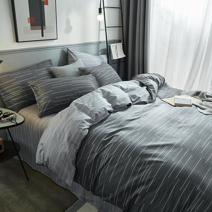 mixinni Comforter Twin/Twin XL College Dorm Modern 3 Piece Grey Geometric Striped Pattern Comforter Set Men Boys for All Season, 1 Soft Fluffy Reversible Comforter and Two Pillowcases-Twin XL Size