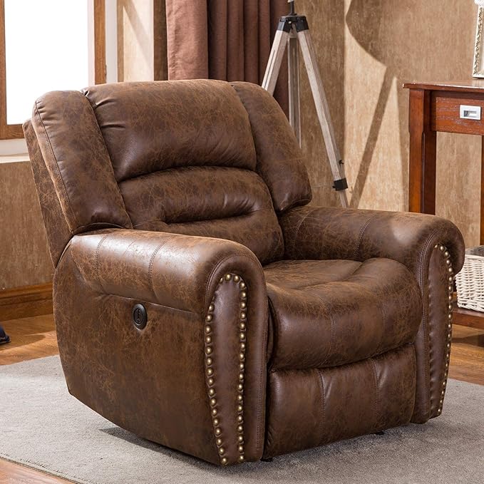ANJ Electric Power Recliner Set of 2, Breathable Bonded Leather Reclining Chair Classic Home Theater Recliners Seating W/USB Port, Electric Recliner Chairs for Living Room (Nut Brown)