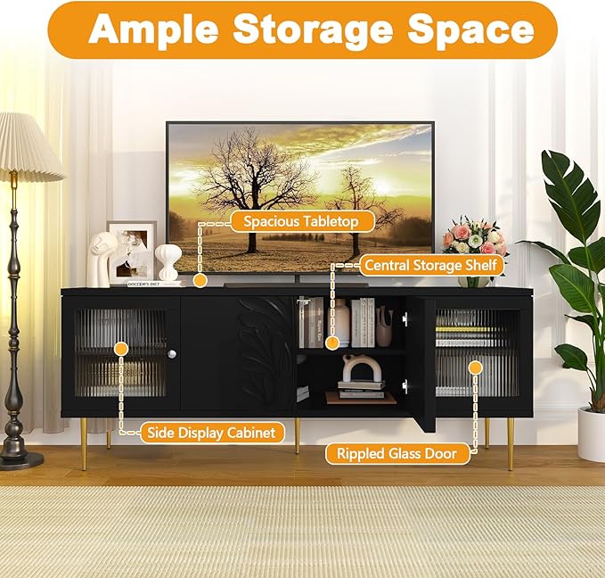 TV Stand for TVs up to 75", Mid Century Modern TV Console with 3D Flower Pattern, Wood Entertainment Center with 2 Fluted Glass Doors, Media Console Table with Storage for Living Room, Black