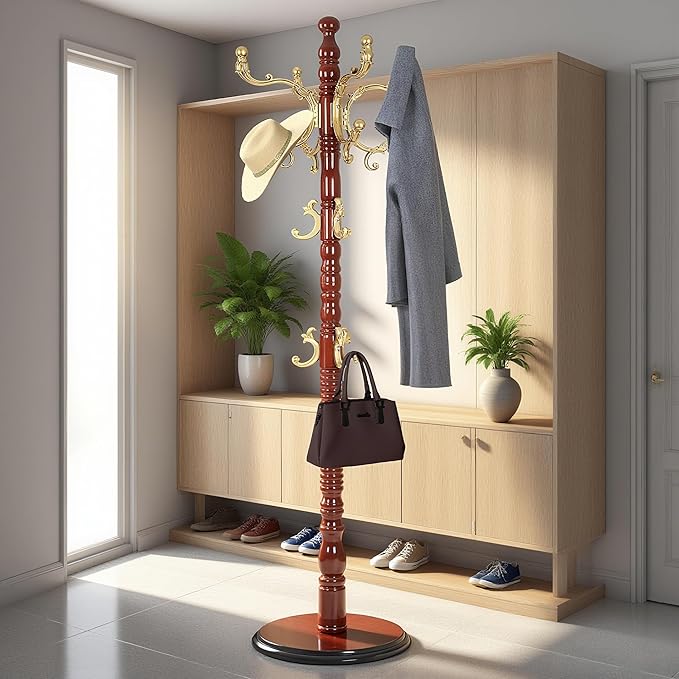 73”Vintage Wooden Coat Rack Freestanding，With 14 Hooks and Sturdy Round Base.Sturdy and Durable Standing Coat Racks，Adjustable Wooden Freestanding Coat Rack for Offices, Porch (Begonia color)