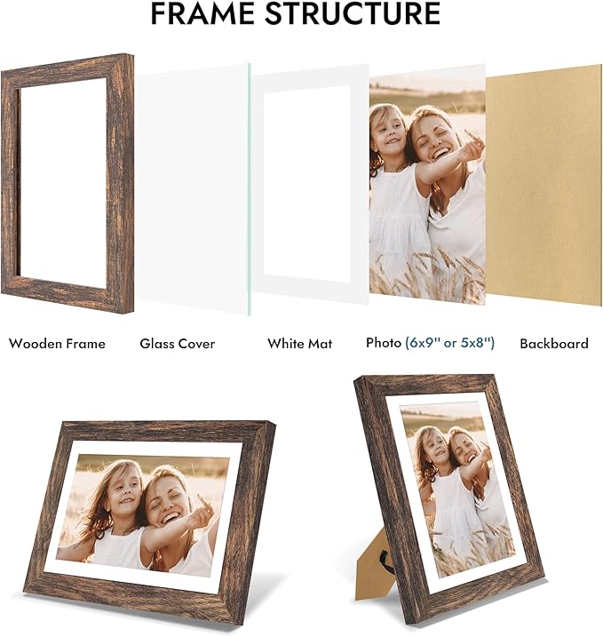 6x9 Picture Frame with Glass, Display Pictures 5x8 with Mat or 6 x 9 without Mat - Wall and Tabletop, 6 by 9 Photo Wooden Frames (Rustic Brown, 1 Pack)