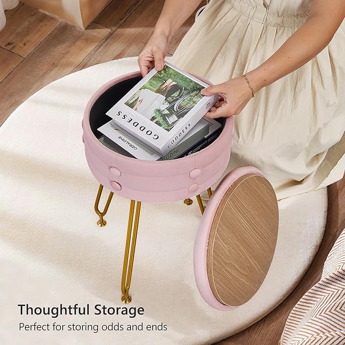 VECELO Round Vevlet Vanity Stool with Storage, 4 Metal Legs Vanity Seat with Anti-Slip Feet, Modern Vanity Chairs Footrest Furry Padded Seat, Space Saving, Easy to Clean for Makeup, Bedroom, Pink