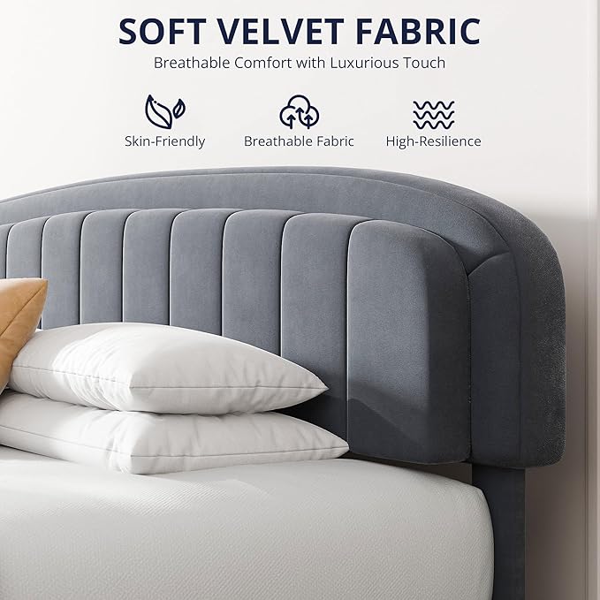 Cozy Castle King Size Bed Frame, Upholstered Platform Bed with Velvet Adjustable Curved Headboard, Mattress Foundation with Strong Wooden Slats, No Box Spring Needed, Easy Assembly, Gray