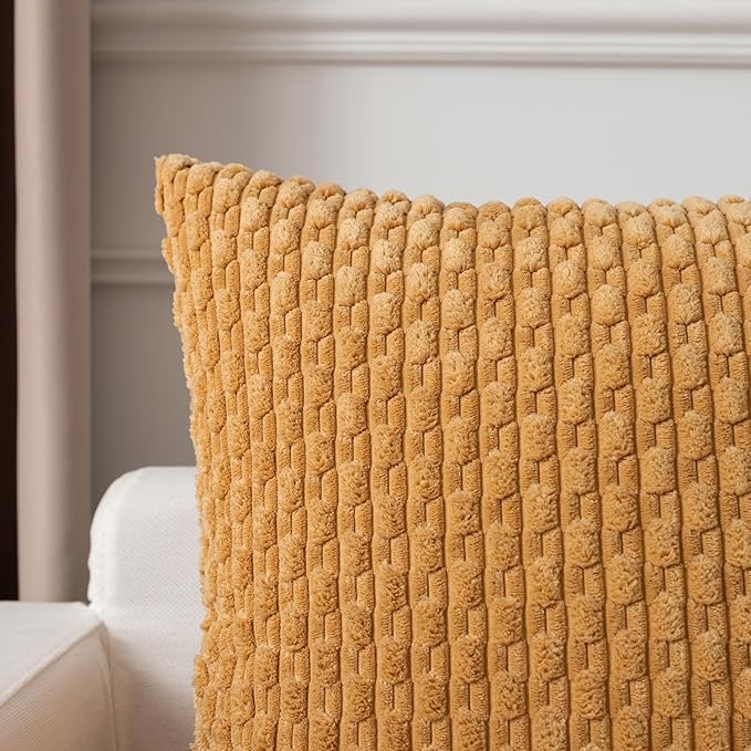 Kevin Textile Throw Pillow Covers Soft Corduroy Decorative Set of 2 Boho Striped Pillow Covers Pillowcases Farmhouse Home Decor for Couch Bed Sofa Living Room 24x24 Inch Gold