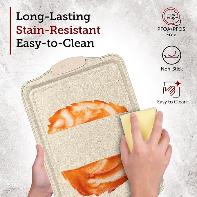 BAKKEN Kitchen Baking Pans - 15.15 x 10.03" Medium Nonstick Sheet, Durable Carbon Steel Cookie Sheet with White Silicone Handles, PFOA, PFOS, PTFE Free, Oven Safe Tray (Up To 450°F), Set of 1