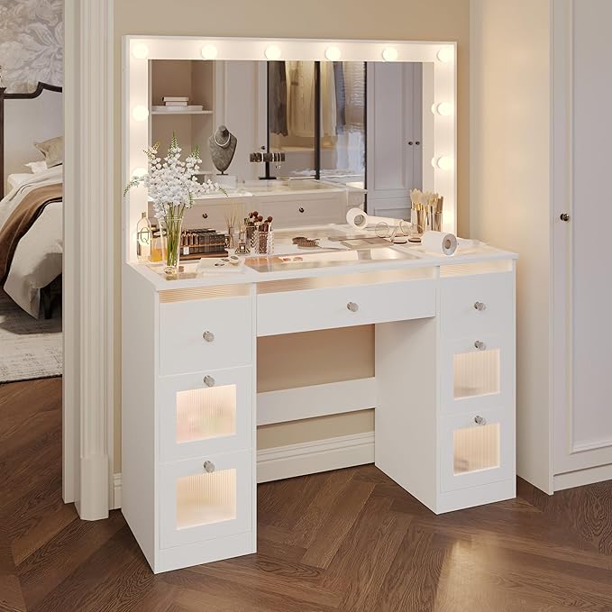Vanity Desk with Mirror and Lights 3 Colors, Glass Top Vanity with 7 Lighted Drawers & Power Outlet, Makeup Desk with Mirror for Women & Girls, Dressing Table for Bedroom, White