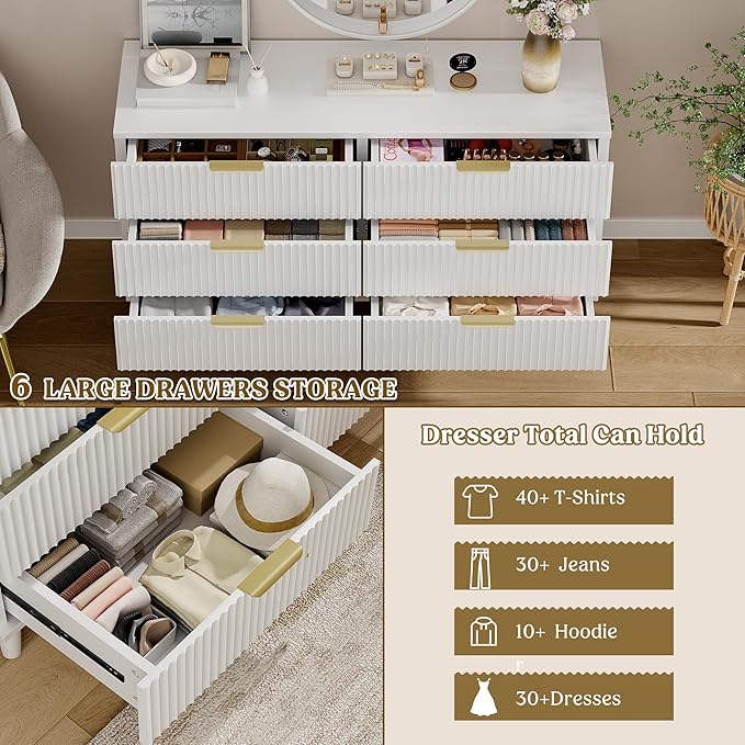Lulive White Dresser for Bedroom Wood Dressers Chest of Drawers, Fluted 53.2" Wide Modern Long Dresser TV Stand 6 Drawers for Bedroom, Closet, Living Room, Hallway (White)