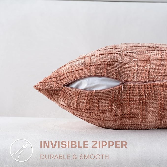 Decorative Throw Pillow Covers 20x20 Inch Set of 2, Soft Solid Farmhouse Chenille Couch Pillows, Spring Pillow Covers for Couch Sofa Bed Living Room Home Decor Pillowcase, Coral