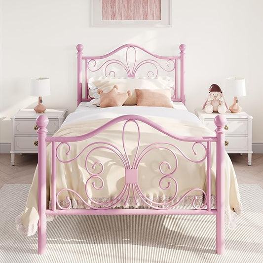 SHA CERLIN Twin Size Bed Frame for Kids,Metal Bed Frame with Butterfly Pattern Design Headboard and Footboard,No Box Spring Needed,Easy Assembly,Pink