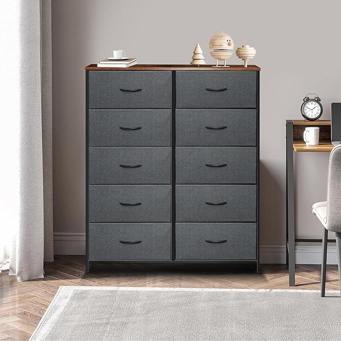 Dresser for Bedroom with 10 Drawers, Chest of Drawers, Storage Drawers Organizer Unit, Grey Wide Fabric Dresser with Fabric Bins for Closet, Living Room, Entryway (Grey and Rustic Brown)