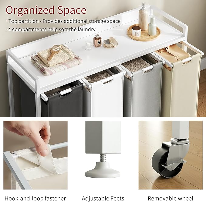 Laundry Hamper with Shelf, Laundry Basket 4 Section, Laundry Sorter with Pull-Out Removable Large 4 Color Bags and Movable Wheels, Metal Frame, 4 x 15.87 Gallons (60L), White PF07XLE