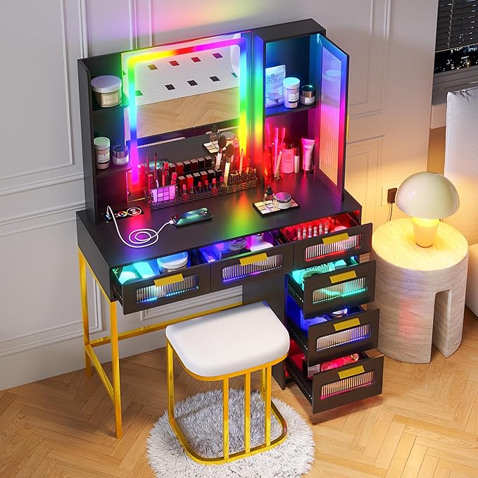 HNEBC Black LED Vanity, Makeup Vanity with RGB Lights and 6 Drawers for Bedroom, Makeup Desk with USB/Wireless Charging, Dressing Table with Shelves/Cabins/Stool, Vanity Table Set as Gifts for Girls