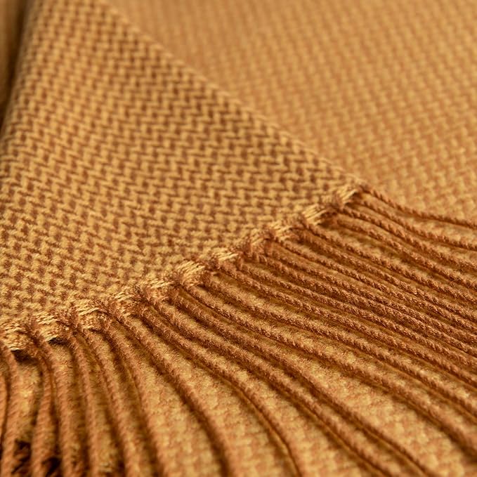 BOURINA Herringbone Two Tone Throw Blanket Faux Cashmere Fringe Soft Lightweight Cozy for Bed Couch Decorative Throws Blanket,Gold, 50" x 60"