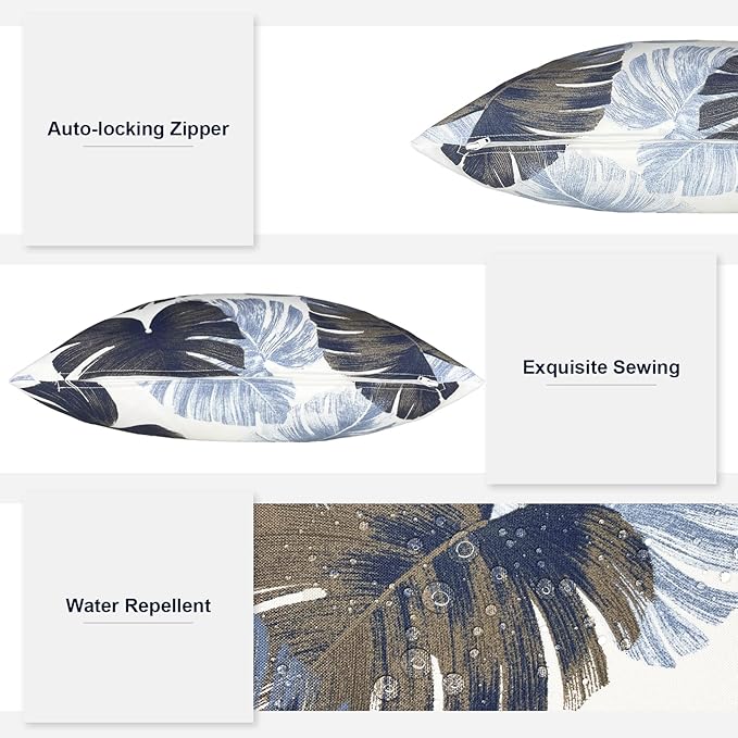 Pack of 2 Outdoor Lumbar Pillow Covers, All Weather Cushion Pillow Cases 12x20 Inch, Pillowcase for Patio Couch Decoration, Monstera Blue