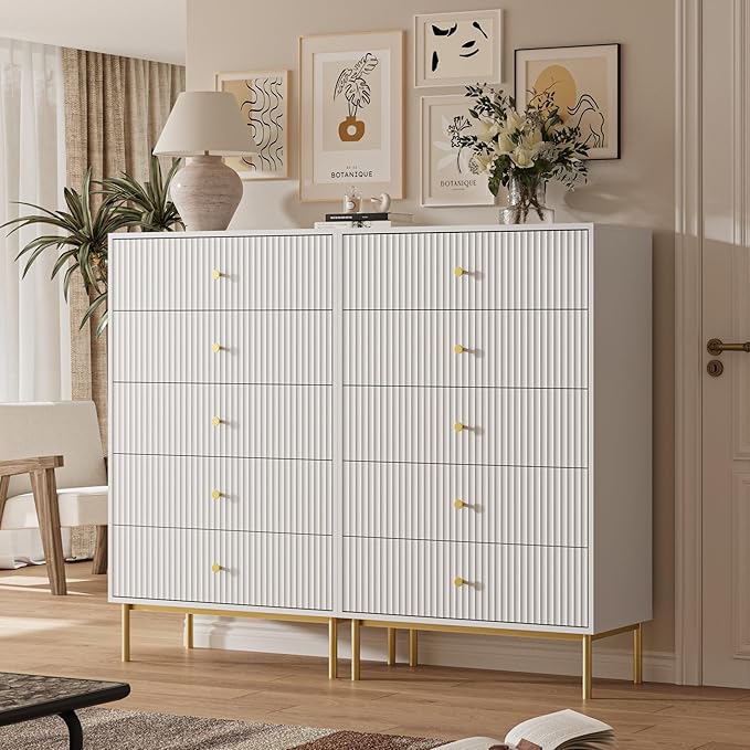 5 Drawer Dresser for Bedroom, Tall Dresser Chest of Drawers with Gold Handles, Wood Storage Cabinet for Bedroom, White
