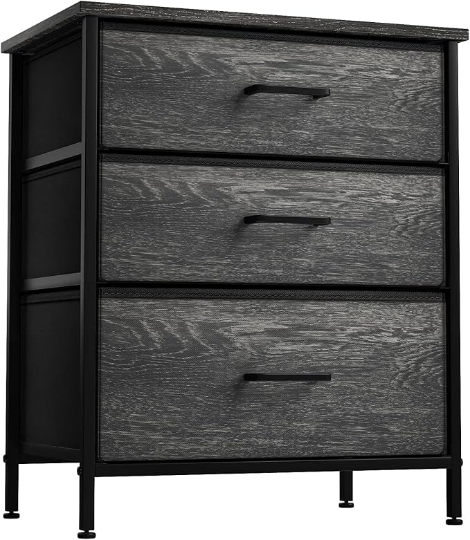 Sorbus Nightstand Dresser with 3 Faux Wood Drawers - Bedside Table Chest with Storage, Steel Frame, Wood Top, Easy Pull Fabric Bins for Bedroom, Living Room, Closet & Dorm Furniture Lamp Stand