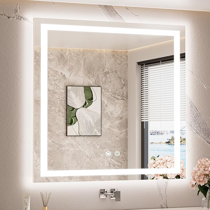 TETOTE 36 x 36 Inch LED Bathroom Mirror with Frontlit and Backlit, Brighter Light up Bathroom Vanity Mirror with Lights, 3-Color Dimmable Illuminated Anti Fog Mirror Wall Mounted, Waterproof