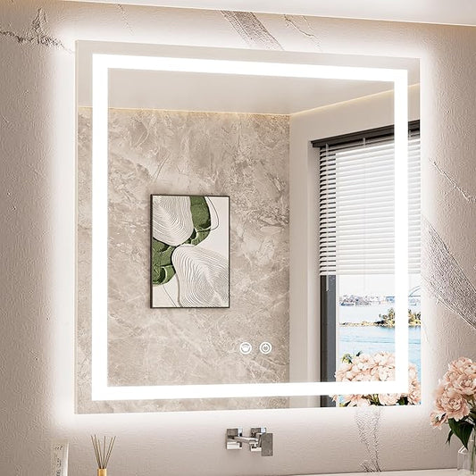 TETOTE 36 x 36 Inch LED Bathroom Mirror with Frontlit and Backlit, Brighter Light up Bathroom Vanity Mirror with Lights, 3-Color Dimmable Illuminated Anti Fog Mirror Wall Mounted, Waterproof