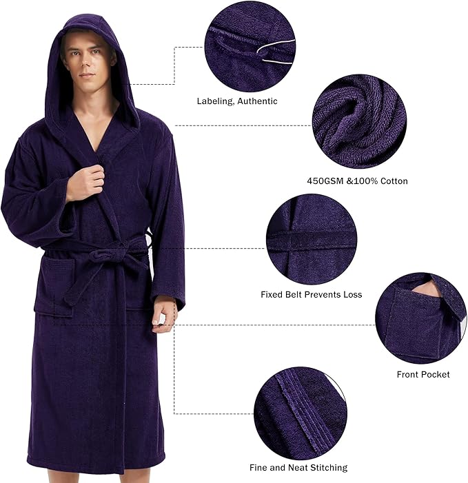 Mens Robe with Hood-Classic Terry Cloth Bathrobe for Men,Soft Knee Length Bathrobes