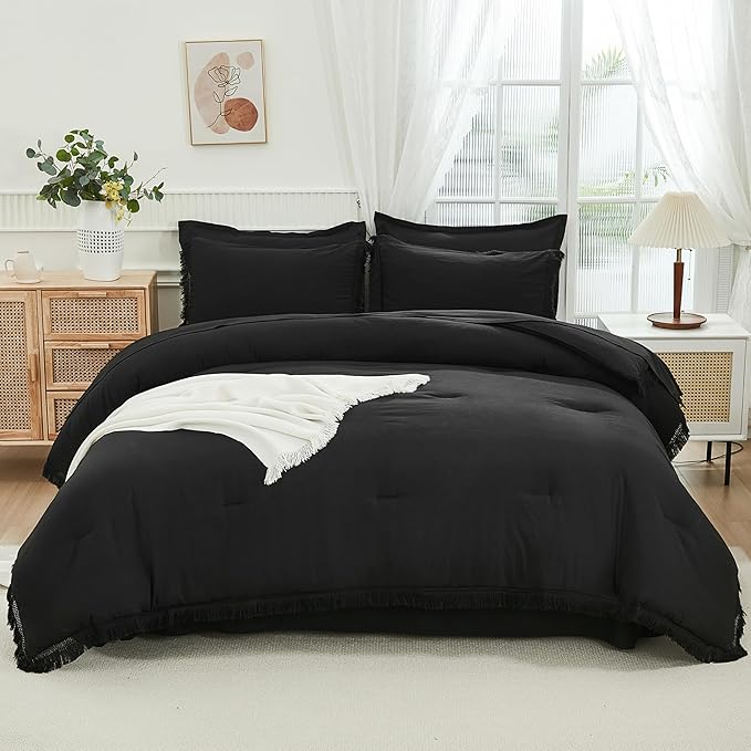 Andency Black Queen Size Comforter Set with Sheets - 7 Pieces Boho Tassel Bed in a Bag Soft Lightweight Bedding Sets, Black Fringe Bed Set with Comforter, Sheets, Pillowcases & Shams