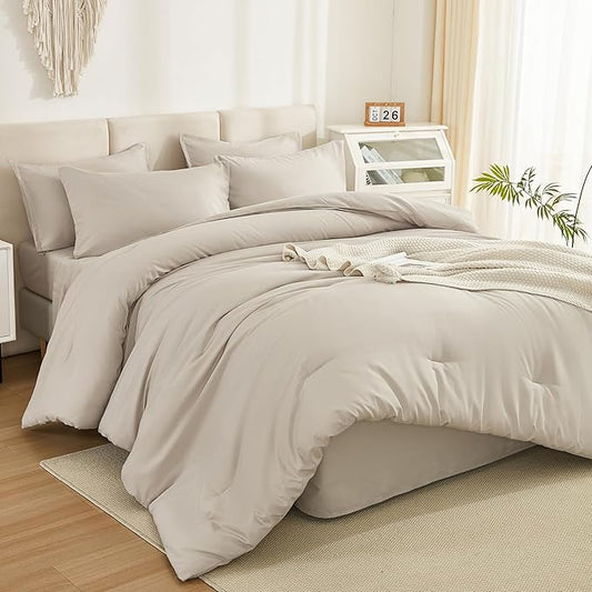 Litanika Comforter King Size Set Tannish Grey - 7 Pieces Bed in a Bag King Bedding Comforter Sets, Plain Lightweight Bed Set with Comforter, Sheets, Pillowcases & Shams