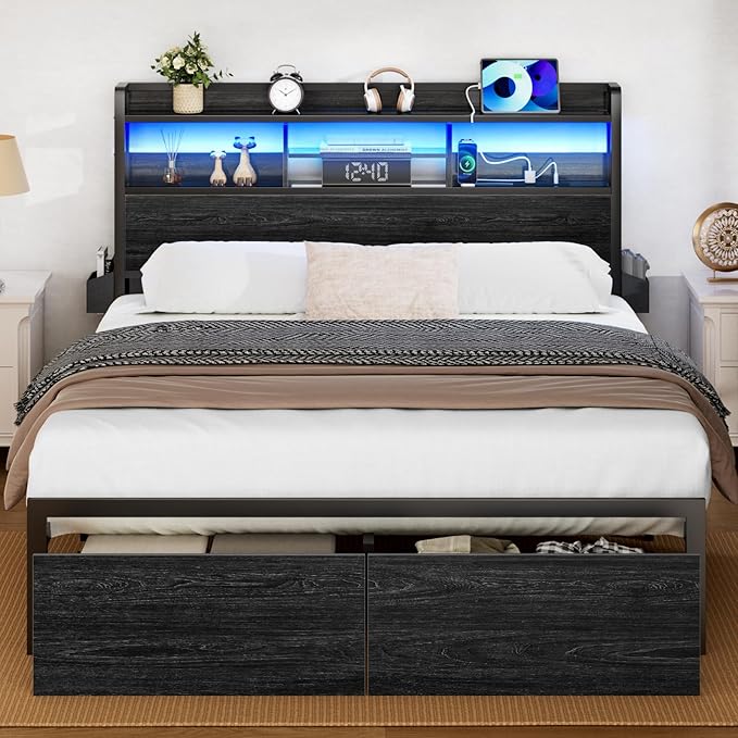 Furnulem Full Size Bed Frame with Wood Headboard, Metal Platform Bed Frame Full Size with 2 Storage Drawers and Shelf, LED Lights and Charging Station, No Box Spring Needed, Noise Free, Black