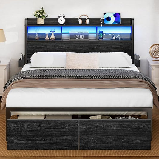 Furnulem Full Size Bed Frame with Wood Headboard, Metal Platform Bed Frame Full Size with 2 Storage Drawers and Shelf, LED Lights and Charging Station, No Box Spring Needed, Noise Free, Black