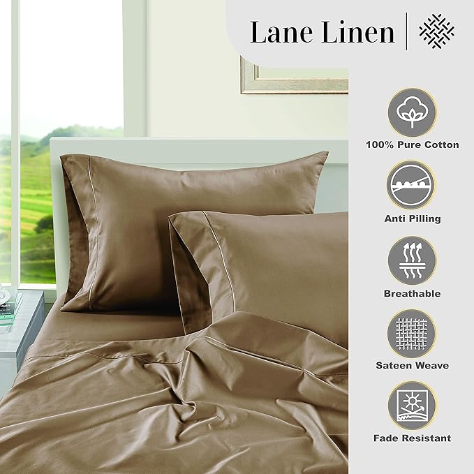 LANE LINEN Pillow Case Covers King Set of 2 100% Egyptian Cotton Sateen Soft Cool & Smooth 1000 Thread Count Cases - Taupe