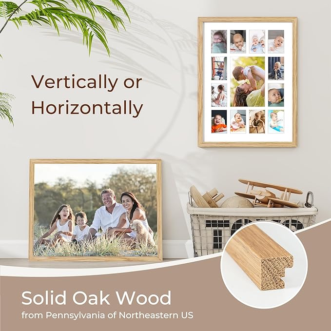 Axeman 12x16 School Years Picture Frame K-12 Day Graduation Photo Collage Solid Oak Picture Frame With Mat - Displays One 5x7 Photo and Twelve 2.5x3.5 Pictures, Hanging Hardware Included, Natural