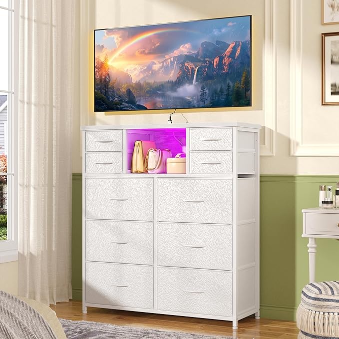 White Dresser for Bedroom with Charging Station and LED and 10 Fabric Drawers, Sturdy Tall Chest of Drawers with 2 Open Storage Shelves Storage Tower for Closet, Hallway