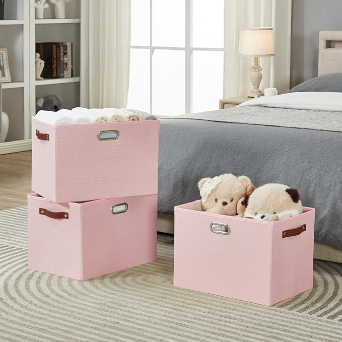 3-Pack Foldable Fabric Storage Bins with Durable PU & Metal Handles, Collapsible Storage Baskets for Shelves, Home Storage, Closet Organizers, Living Room(17"x11.8"x11.8", Pink)
