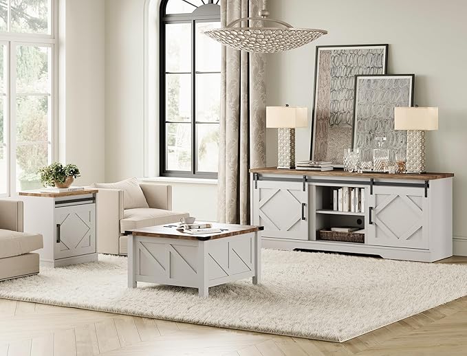 WAMPAT Modern Farmhouse TV Stand for TVs up to 75 inch with Sliding Barn Door,Wood Entertainment Center with Adjustable Media Storage Shelf for Living Room, Cream White