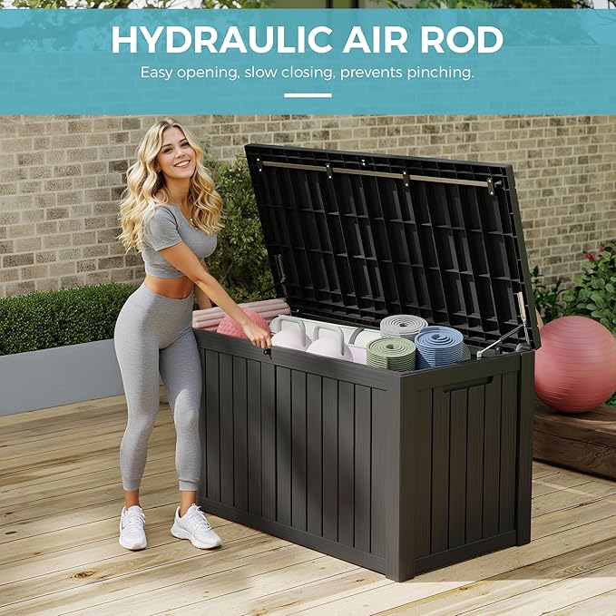 150 Gallon Resin Deck Boxes Waterproof, Outdoor Storage Box Lockable Lid for Delivery Box, Indoor, Garden Tools, Pool Supplies, Patio, Black