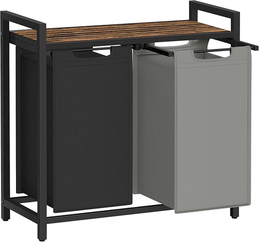 VASAGLE Laundry Hamper, Laundry Basket, Laundry Sorter with 2 Pull-Out and Removable Bags, Shelf, Metal Frame, 2 x 12.1 Gallons (46 L), 28.8 x 13 x 28.4 Inches, Bicolor and Rustic Brown UBLH201X01