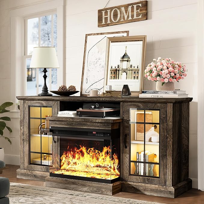 MXV 59'' Fireplace TV Stand, Farmhouse Entertainment Center with 3 Sided Glass TV Stand, Modern Media Console Table with Storage Drawers & Cabinets with LED Flame and Lights for Living Room, Gray