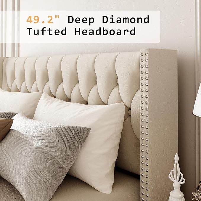 King Size Velvet Upholstered Bed Frame, 49.2" Tall Wingback Headboard, Deep Button Tufted, No Box Spring Needed, Solid Wood Legs, White