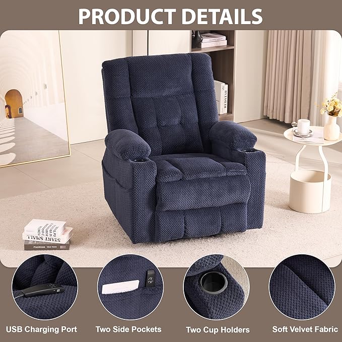 SALOHZA Power Lift Recliner Chair for Elderly with Massage and Heat for Living Room, Electric Recliner Chair for Adults with USB/Type C Port/Cup Holders, Velvet Fabric, Navy Blue