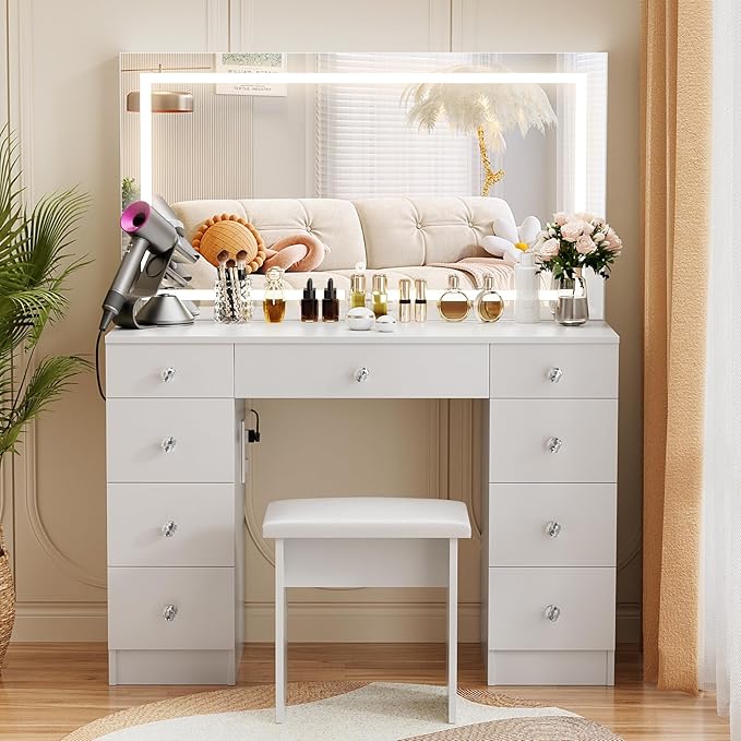 VOWNER Vanity With Lighted Mirror - Makeup Desk With Power Outlet and 9 Drawers, 3 Color Lighting Modes Adjustable Brightness, 43" Table With Soft Cushioned Stool for Bedroom, White