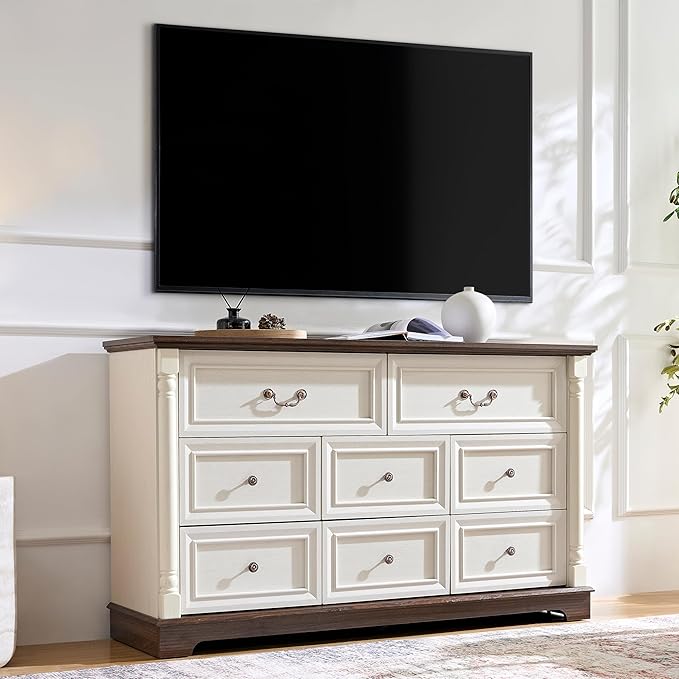 Farmhouse 8 Drawer Dresser with Roman Column Design, 54" Long Wood Chest of Drawers for Bedroom,Living Room, Antique White